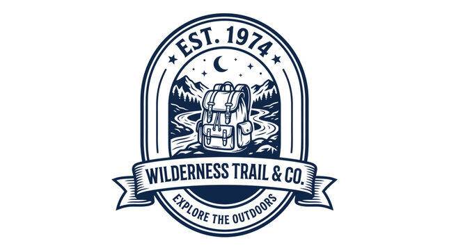 Vintage style logo for Wilderness Trail and Co with hiking backpack.