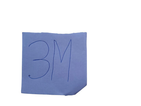 Handwritten blue 3m on a white paper square against a solid , simple lettering and numeral.keywords