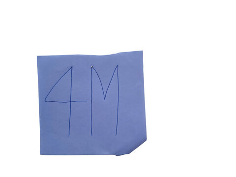 Handwritten blue 4m on a white paper square against a solid , simple lettering and numeral.keywords