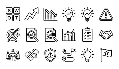 Fototapeta premium SWOT business analysis strategy planning and risk editable outline vector icon collection