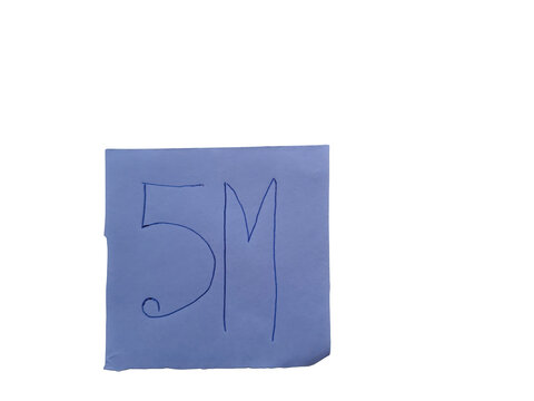 Handwritten blue marker '5m' on a square light blue paper, isolated against a stark , for clear