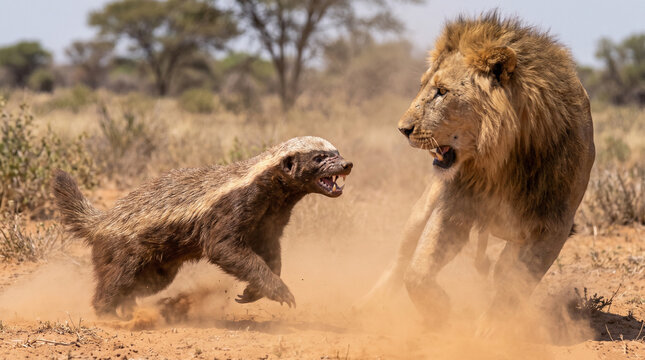 Fearless Honey Badger Confronting a Male Lion in the Dusty African Savanna