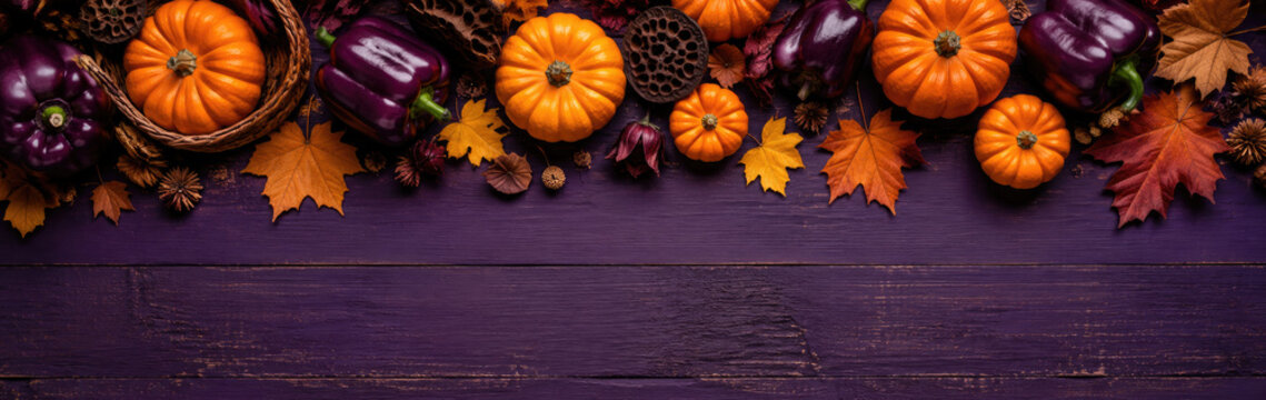 Festive autumn background featuring a halloween pumpkin arrangement with purple peppers and fall leaves on a rustic wooden table surface