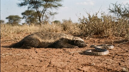 Fototapeta premium Wild Honey Badger and Venomous Snake Encounter on Cracked Savanna Soil