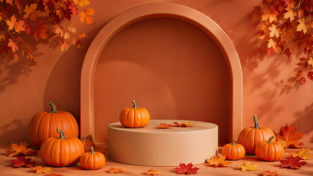 A festive product display podium decorated with a halloween pumpkin and autumn leaves for seasonal marketing and holiday retail promotions