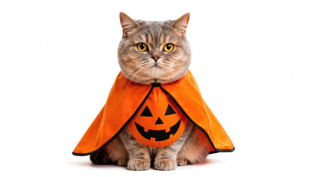 A cute cat wearing an orange cape with a spooky halloween pumpkin face design isolated on a white background