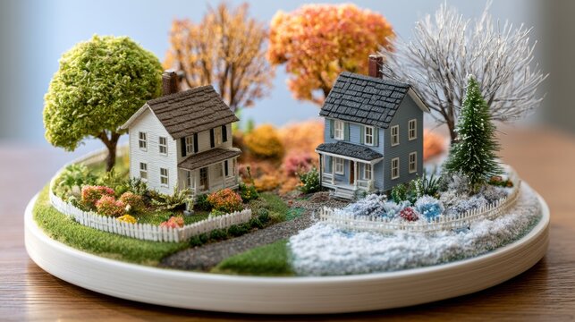 A small display features two homes in four sections, each showing different seasons with trees and plants arranged accordingly.