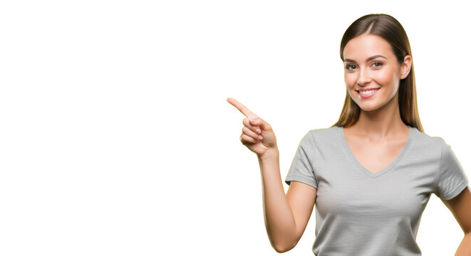 Young caucasian woman in a grey t-shirt smiling and pointing her finger at copy space on a vibrant yellow studio background. Concept for advertising and marketing
