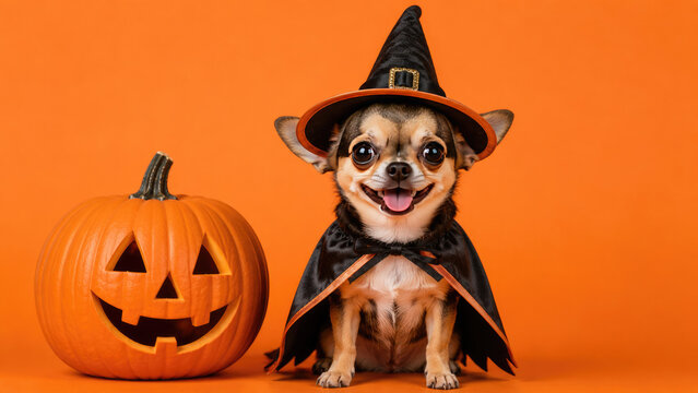 A cute chihuahua dog wearing a witch costume sitting next to a carved halloween pumpkin on an orange background
