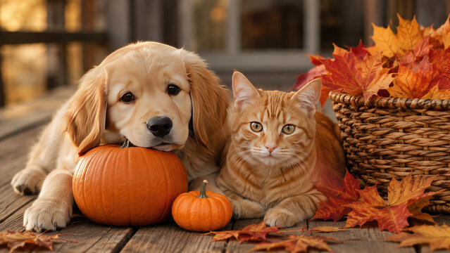 A cute golden retriever puppy and an orange tabby cat sitting together with a halloween pumpkin on a wooden porch