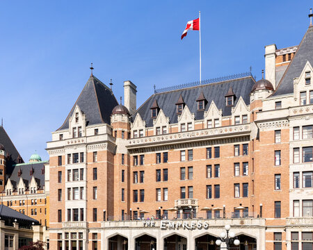 Victoria, BC, Canada - June 5, 2025: The Empress is a luxury, historical hotel located in downtown Victoria along the waterfront and is considered one of the 21 most iconic hotels in the world.
