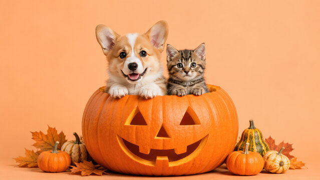 Adorable corgi puppy and cute tabby kitten sitting inside a carved halloween pumpkin on a solid orange studio background