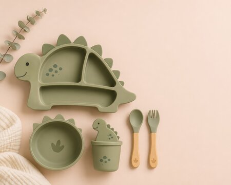 Dinosaur Silicone Baby Feeding Set Flat Lay Collection