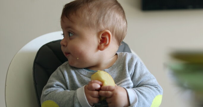 Cute baby infant eating piece of apple fruit