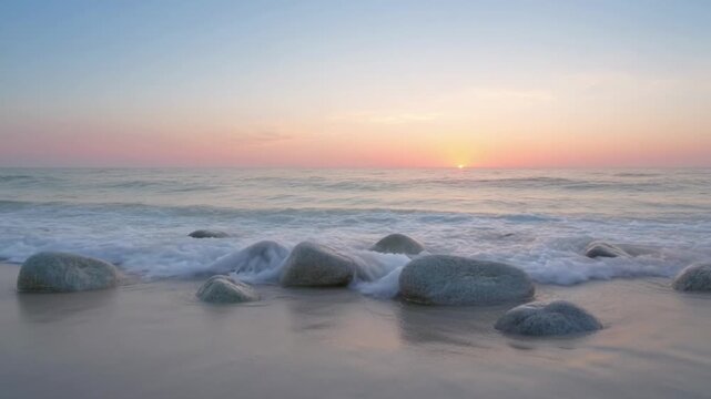 Slow Motion Ocean Waves Lapping Over Rocky Beach At Sunset With Sunlight On Water Video clip
