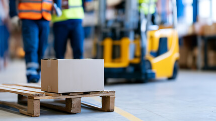 Fototapeta premium Cardboard Box on Wooden Pallet in Warehouse with Workers, Forklift: Logistics, Shipping, Distribution, Supply Chain Operations