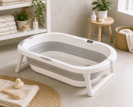 Foldable Baby Bathtub with Digital Temperature Display in Modern Bathroom