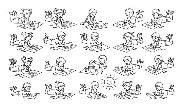 Children Drawing House and Sun Vector Bundle with Hand Drawn Sketch Illustrations