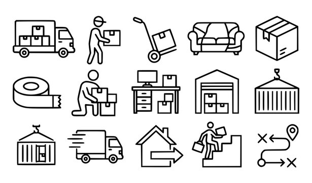House moving packing logistics and office relocation editable thin line icon collection