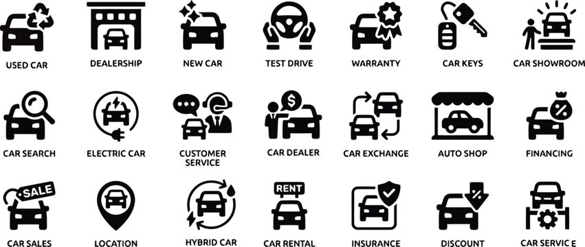 Car Dealership, Test Drive and Automotive Rental Vector Icon Set with Warranty, Hybrid Car, and Exchange Concepts