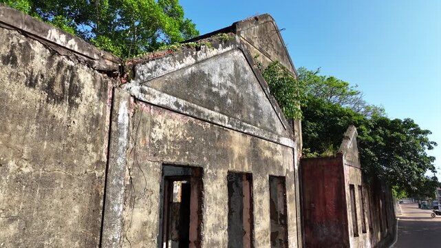 Aerial view of abandoned historic building surrounded by tropical rainforest, Cotijuba Island, Amazon, Brazil"