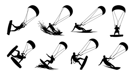 Kitesurfers Performing Various Maneuvers with Kites in Black and White Illustration Featuring Kitesurfing, Kite, Surf with Water © MdRiaj