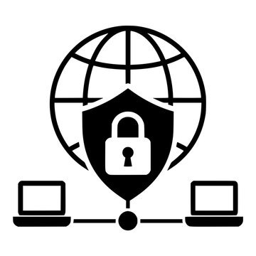 VPN Icon with Globe, Shield Padlock and Connected Laptops for Secure Private Network and Encrypted Connection