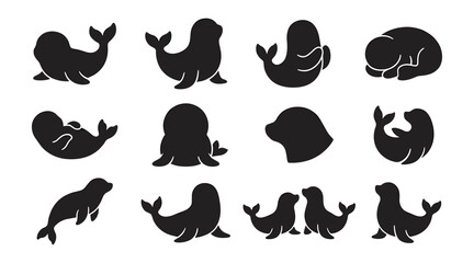 Seals in Various Poses and Activities, Black Silhouettes on White Background Featuring Seal, Silhouette, Animal with Marine © MdRiaj