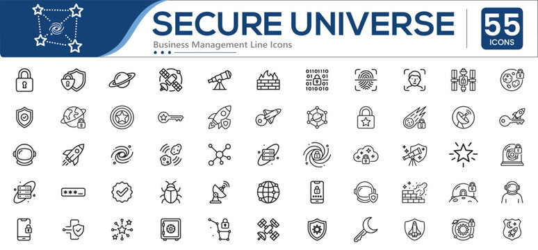 Set of 55 outline icons related to secure universe. Containing cybersecurity, satellite, rocket, shield, padlock and more. Linear icons collection. Editable line icon. Vector illustration