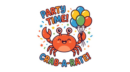 Fototapeta premium Cute cartoon crab character celebrating party time with colorful balloons.