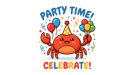 Fototapeta premium Cute cartoon crab wearing a party hat celebrating with balloons.