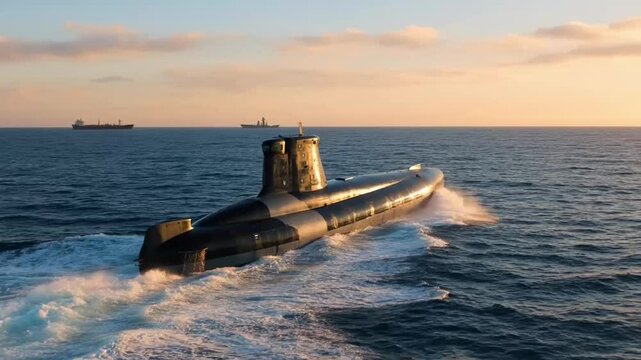 Military Submarine Moving Fast Through Ocean Waves At Sunset With Ships In Background Video clip