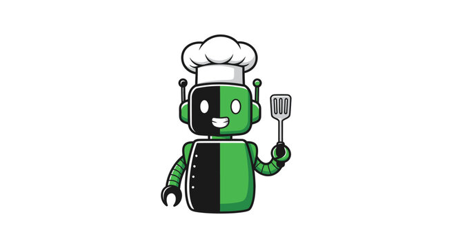 Robot chef wearing a classic toque features a split color design and holds a spatula to symbolize innovative automated cooking technology.