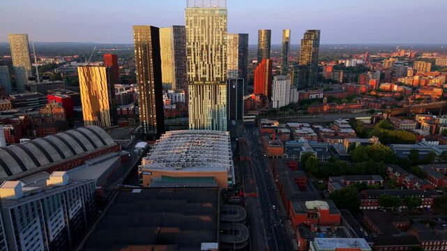 Aerial Video of Manchester Central and Deansgate Skyline at Sunrise