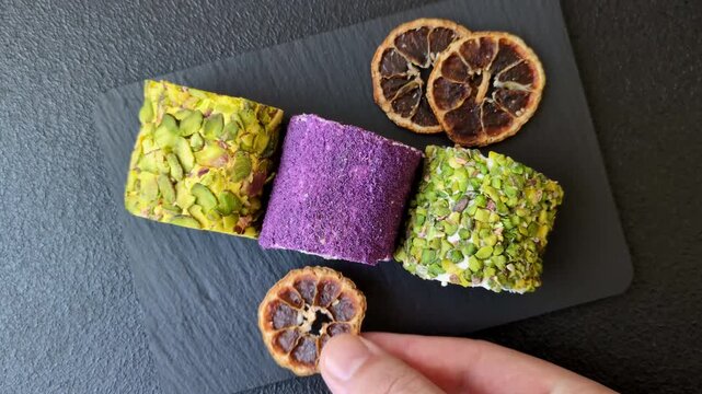 Turkish delight or lokum is a traditional Eastern sweet made with nuts. Turkish delight, lokum