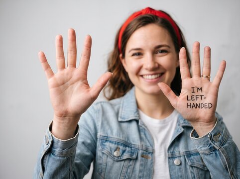 Smiling woman wearing a red headband and denim jacket holding up both hands with the text i m l e f t h a n d e d written on her left palm against a plain grey background