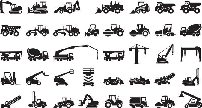 Black and white construction equipment vector icons set