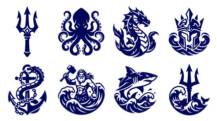 Blue nautical mythology icons with trident octopus and poseidon. © Yuni