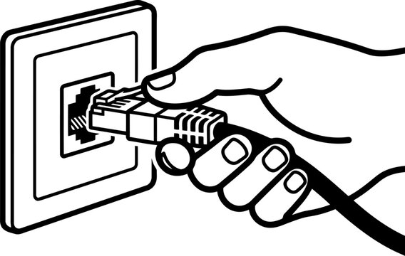 Hand inserting ethernet cable into wall socket, network connection icon