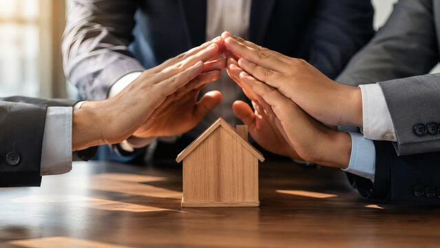 Business team hands forming protective shape over small wooden house on table