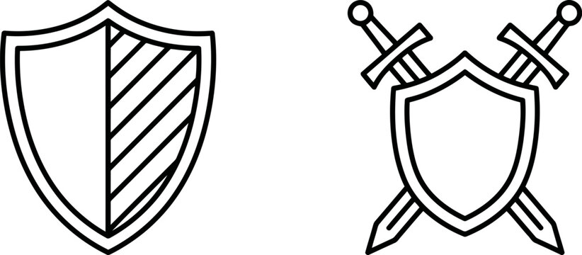 Set of shield icons with striped pattern and crossed swords