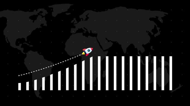 Global finance animation drives climbing revenue blocks over green network maps. International investment platforms implement a global finance animation dashboard loop view.