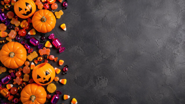 Top view of a festive halloween pumpkin arrangement with assorted colorful candies on a dark rustic textured background surface
