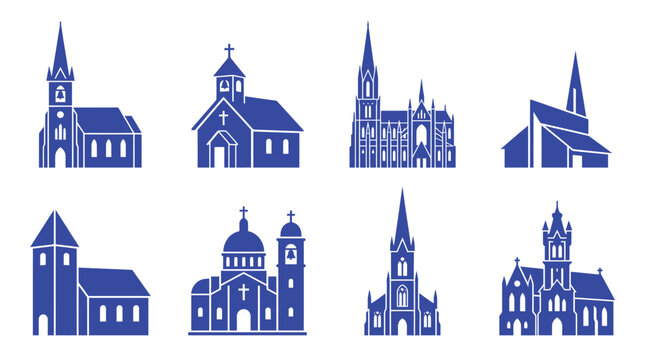 Variety of blue flat church and cathedral building icons.