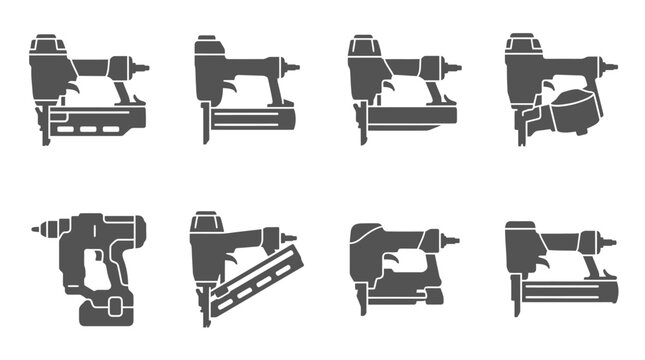 Grey pneumatic nail gun and power tool icon set.