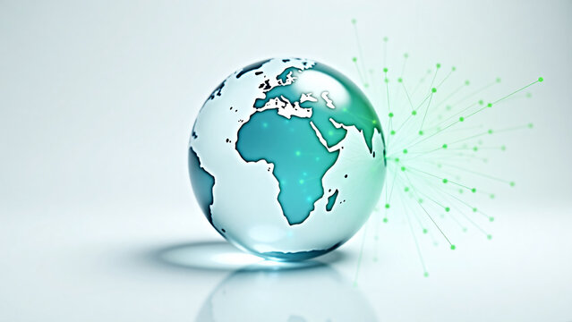 Digital Globe Connection A glass globe with glowing digital lines connecting to a clean white background. Bright, even lighting highlights the surface details