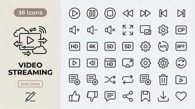 Video streaming icons set, 36 line icons for media player interface, minimalist black outline video controls and multimedia symbols vector