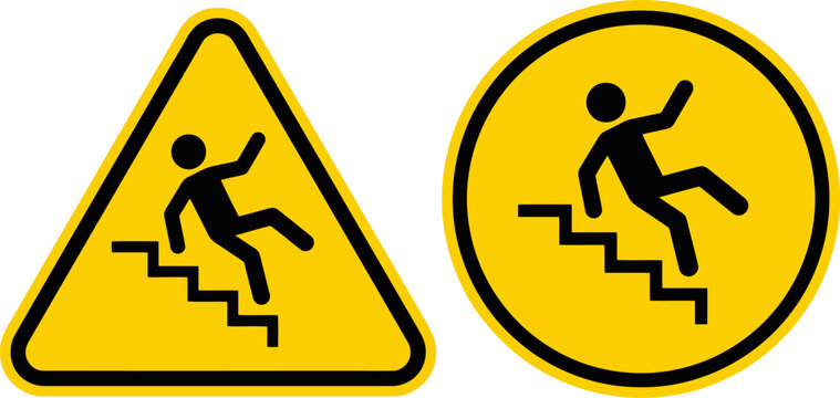 Set of yellow warning signs with falling person icon isolated on white background