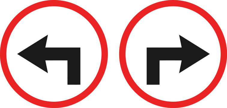 Turn left and turn right mandatory traffic signs, directional road signs set