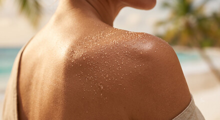 Fototapeta premium Luxury Skincare Macro Close-Up of Sun-Kissed Shoulder with Beach Sand and Water Droplets